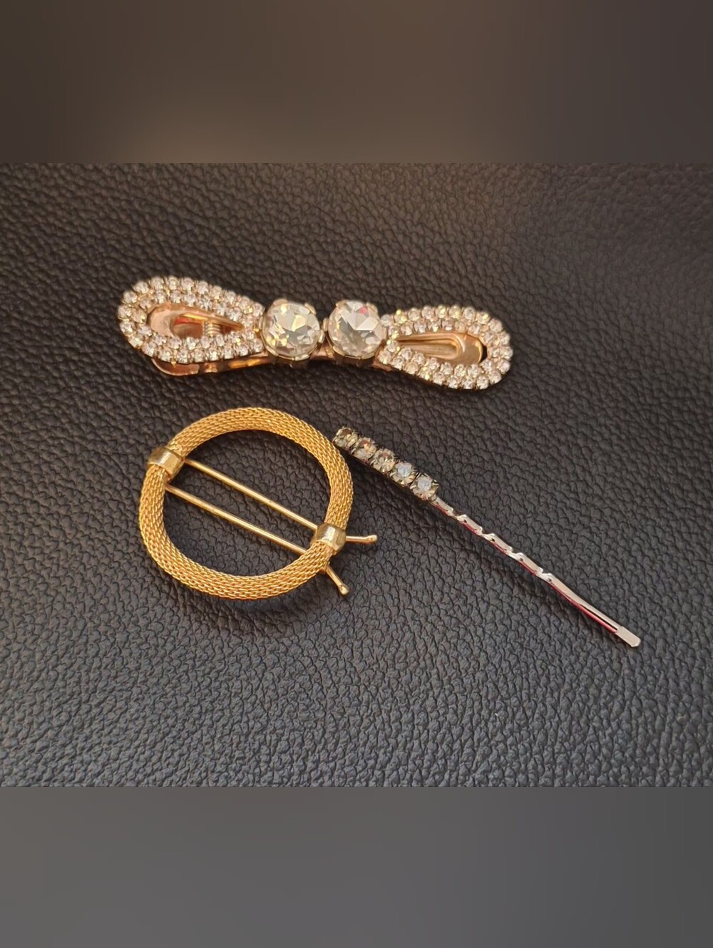 Vintage Gold-Tone Crystal Hair Barrette and Pin Set 3 Pieces
